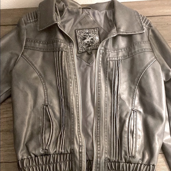 EUC [Beverly Hills Polo Club] Dark Gray Zip-Up Leather Jacket Women’s Sz Medium - Picture 9 of 12